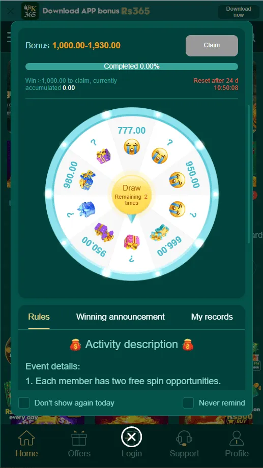 PK365 Wheel Spin - Try your luck and win big